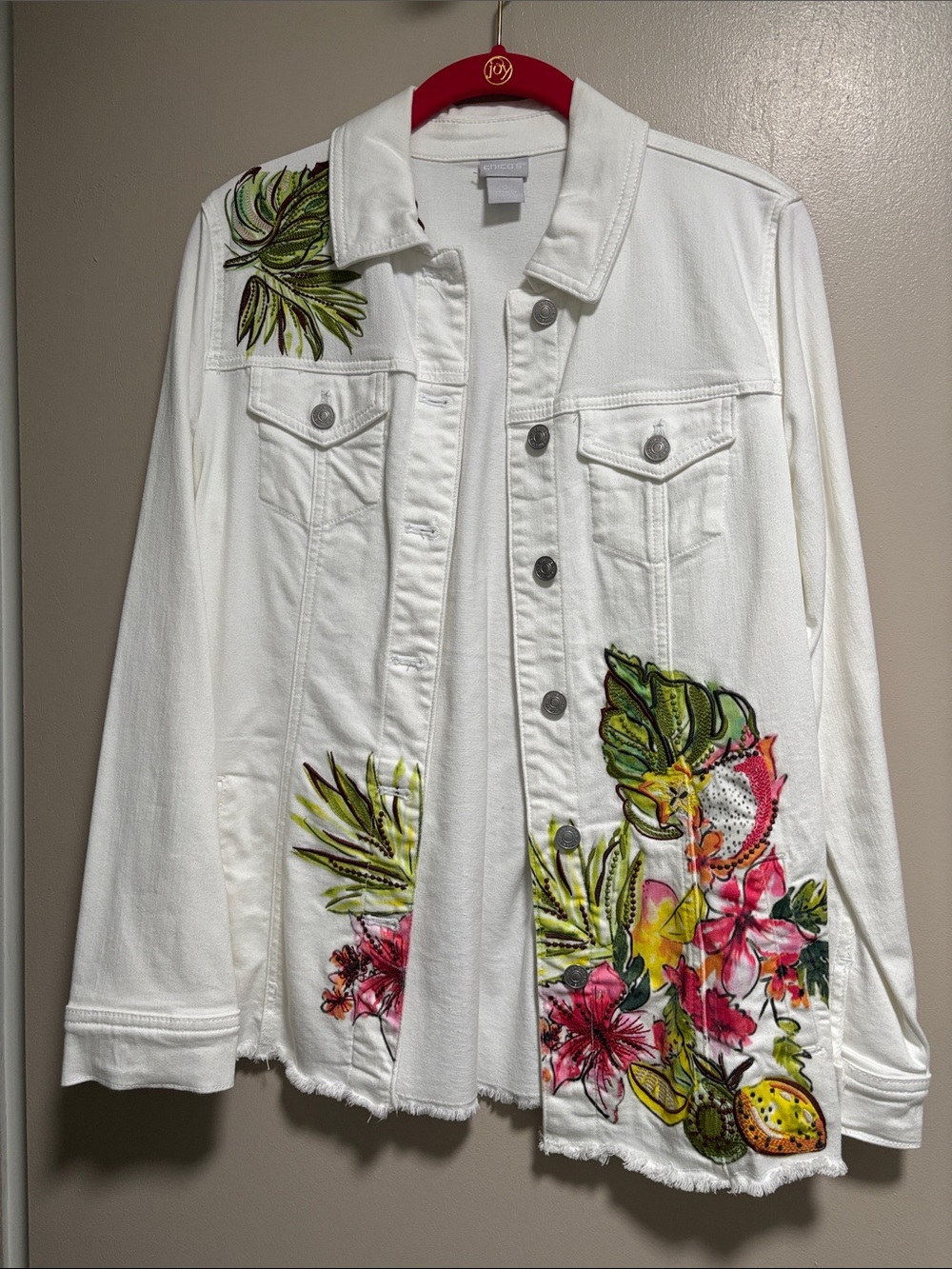 Chico's White Denim Jacket with Tropical Floral Embroidery